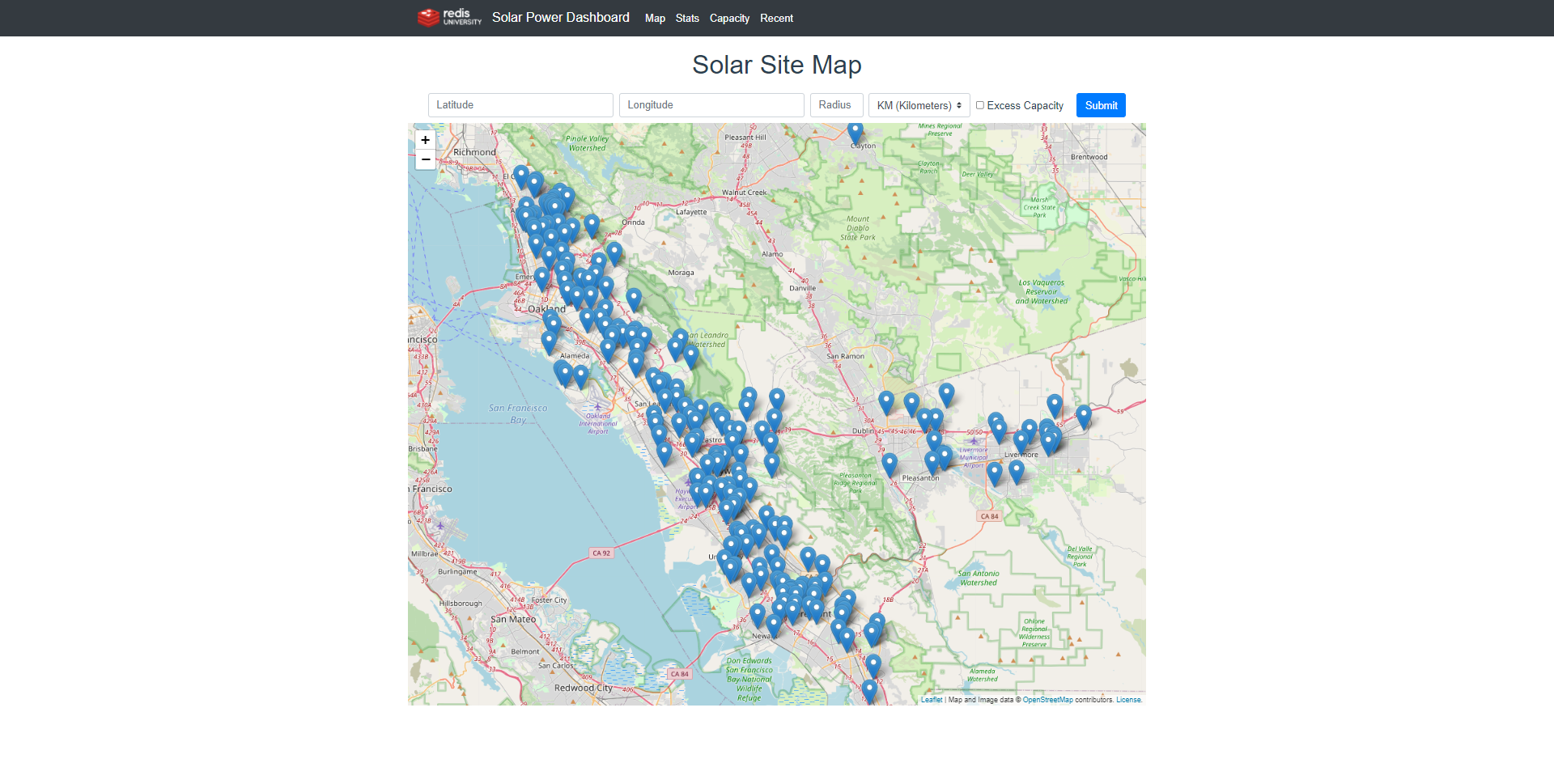 Preview of running application - Solar Site Map with markers