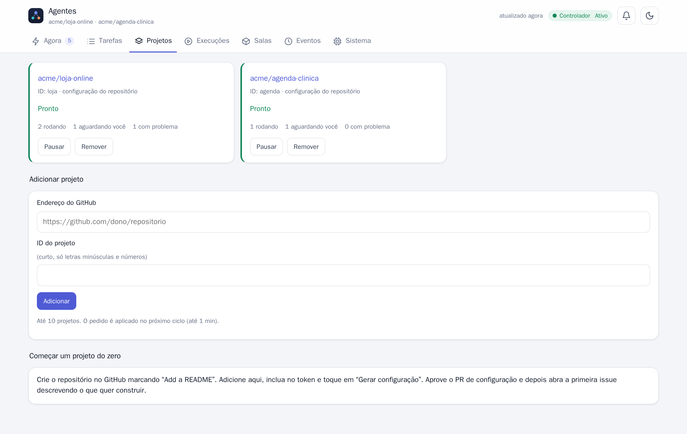 Aba Projetos com dois repositórios prontos e o formulário para adicionar outro