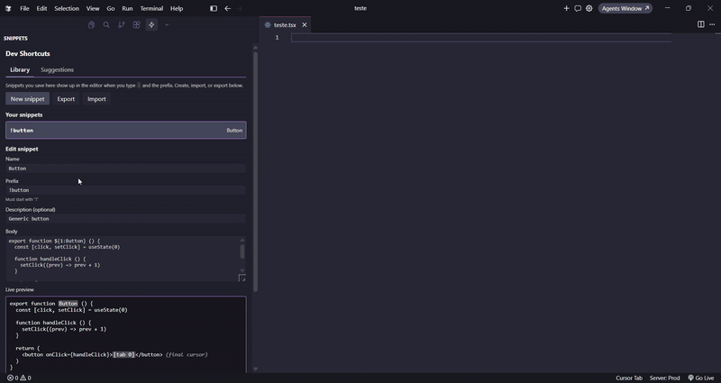 Dev Shortcuts — type ! for snippet completion, manage snippets in the Activity Bar