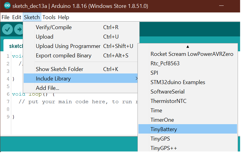 Using TinyBattery library in Arduino IDE