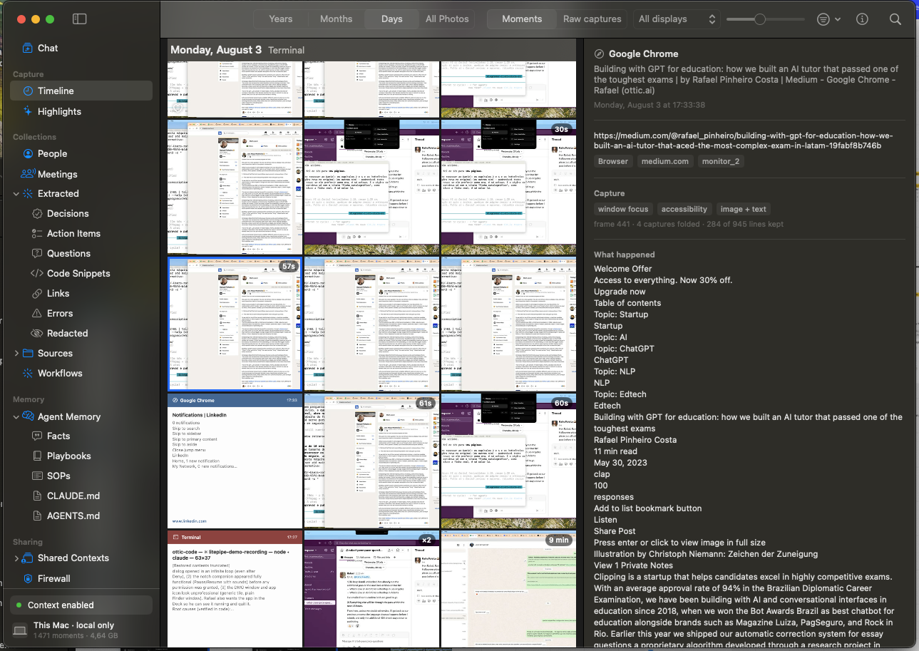 The litepipe window: a day of captures on the left, and what was on the selected screen on the right