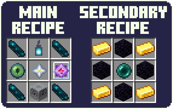 Main recipe: echo shards in the corners, soul lantern at the top, ender eye on the left, nether star in the middle, end crystal on the right, and lodestone at the bottom; Secondary recipe: gold ingots in the corners, obsidian at the sides and ender pearls in the center