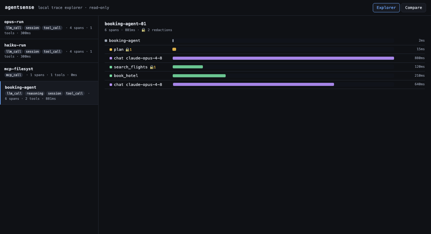 Trace explorer: span tree, timeline, and redaction badges