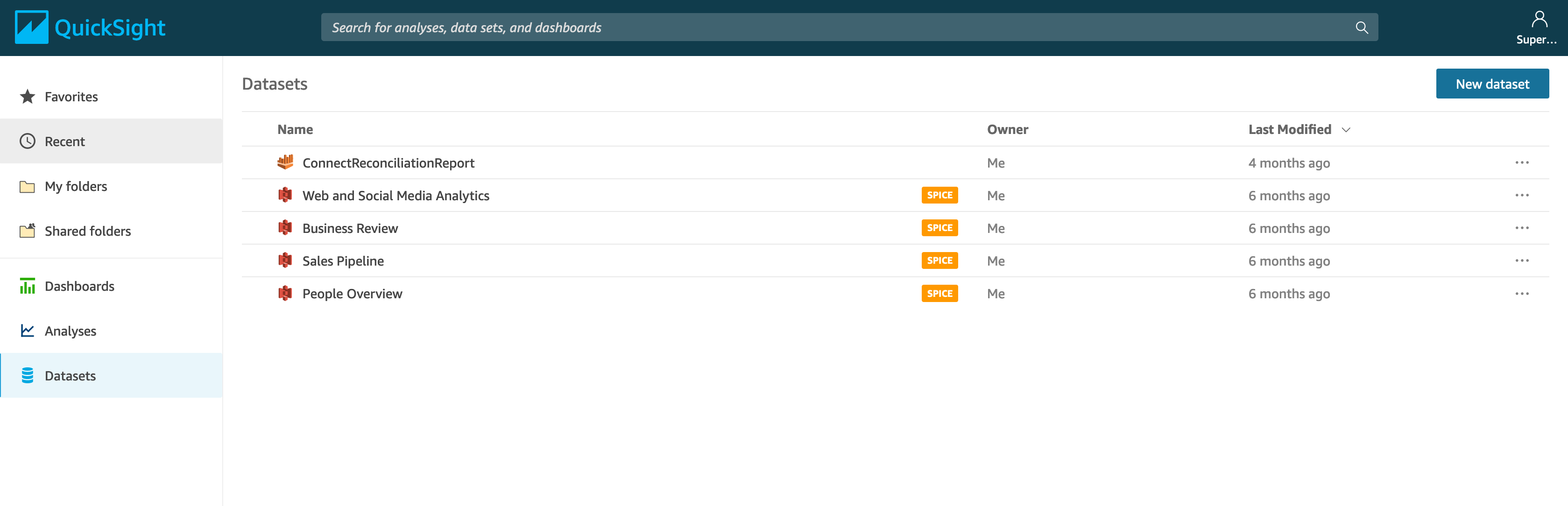 Quicksight select dataset