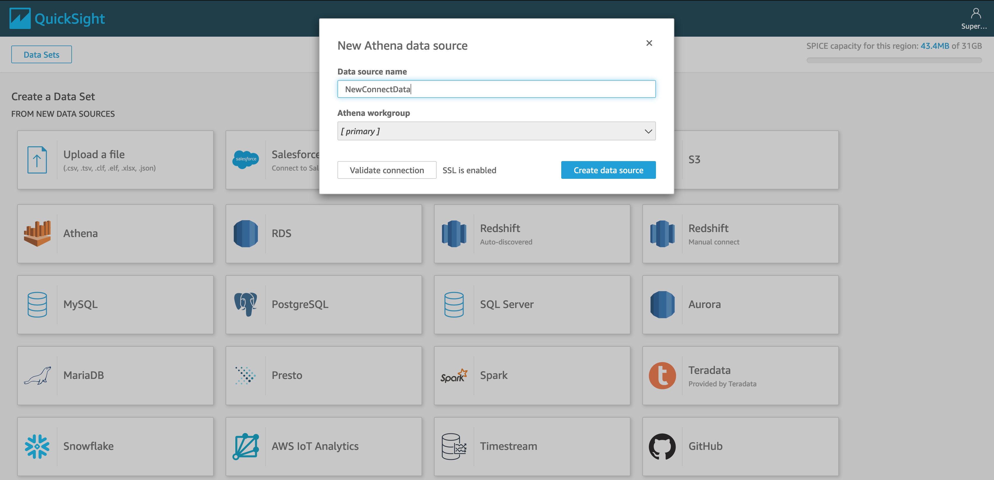 Quicksight select table