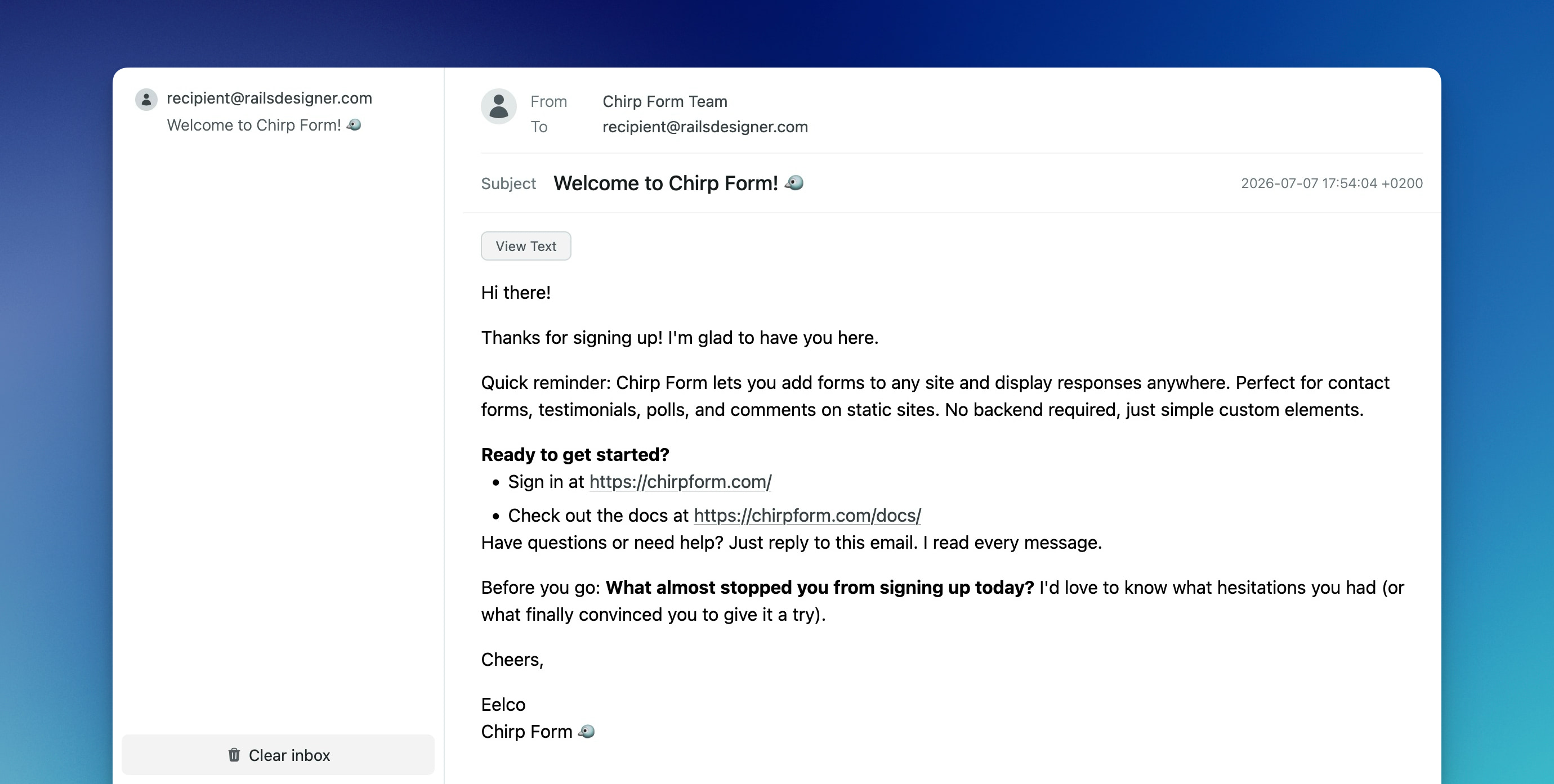 Preview of the Rails Courrier inbox with a list of images on the left and preview of an email on the right