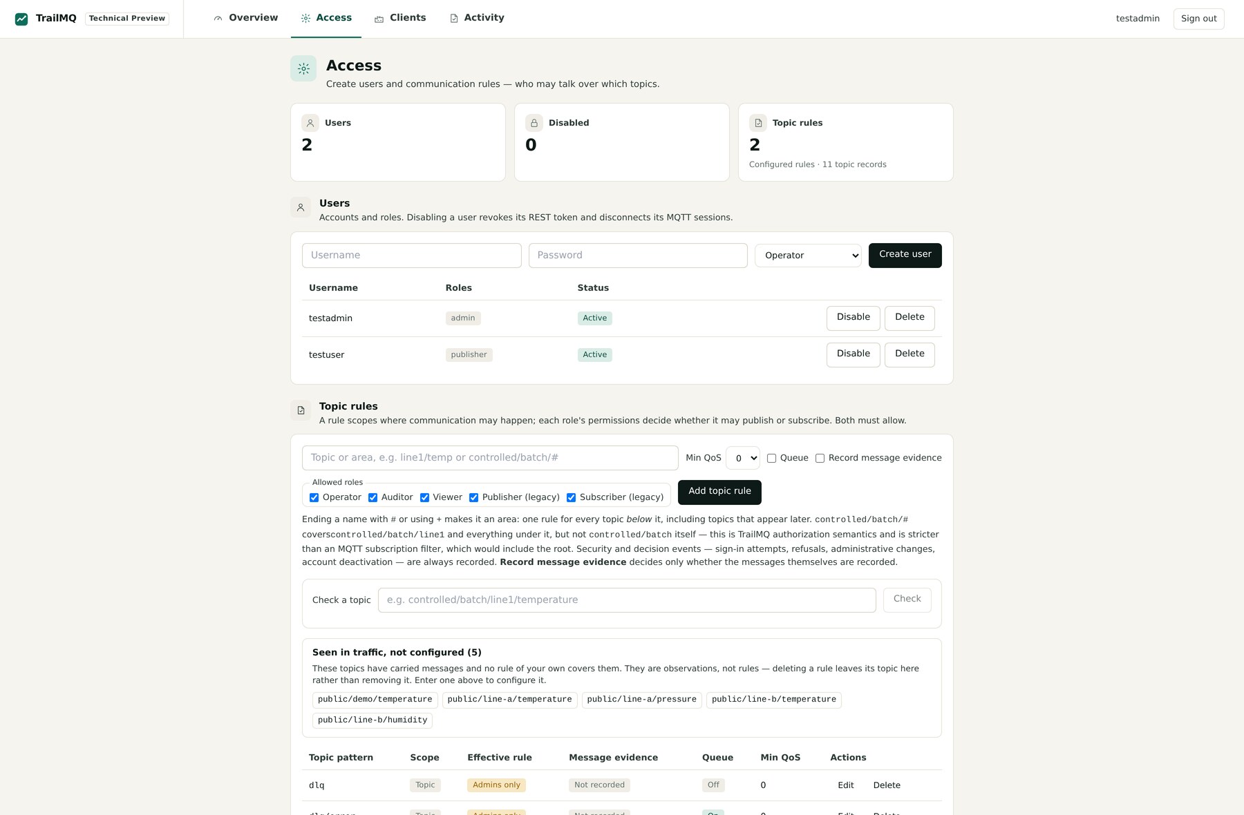 TrailMQ Access view showing evaluation users with their roles and the topic rules that scope MQTT communication