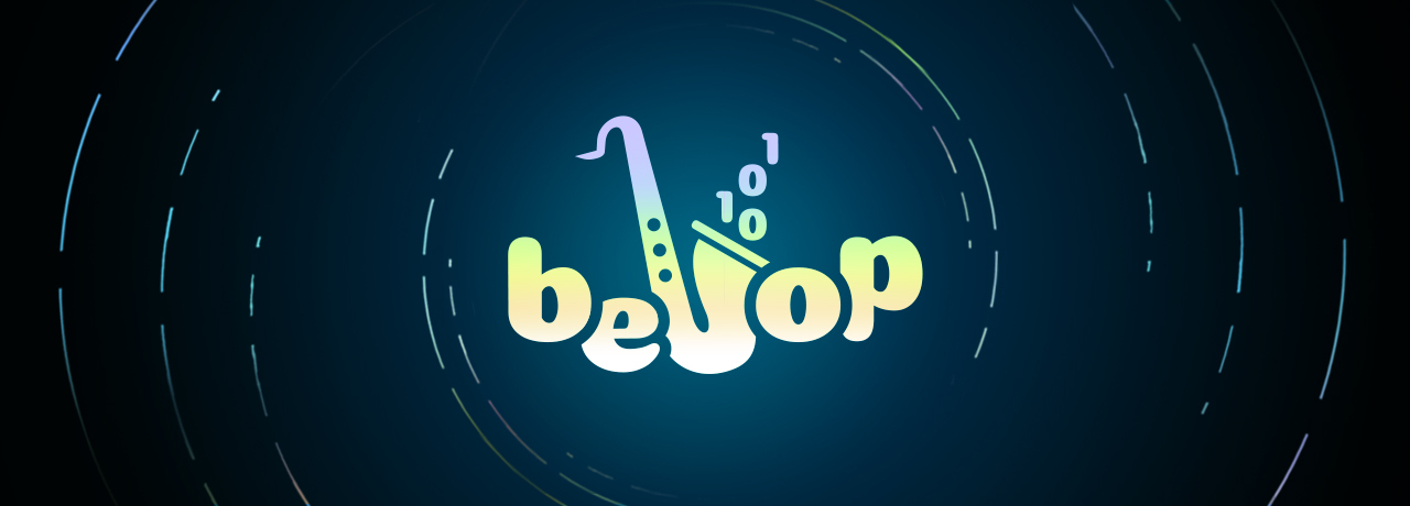 Bebop logo; The word Bebop, but the second B is replaced with a saxophone with ones and zeros coming out of it.