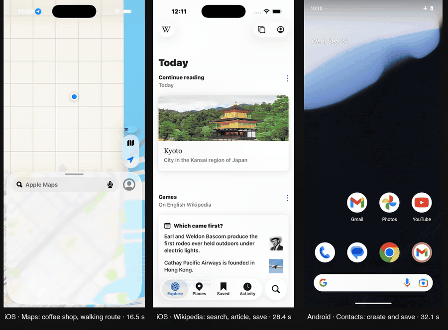 Three phones side by side: Maps directions on iOS, a Wikipedia article saved on iOS, a contact created on Android