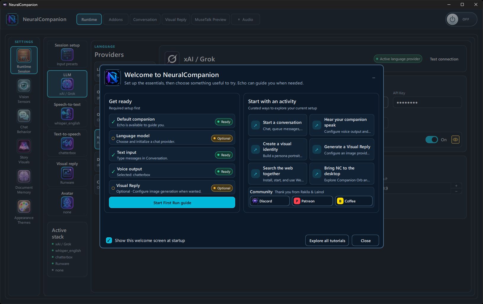 Welcome screen with setup readiness and suggested activities