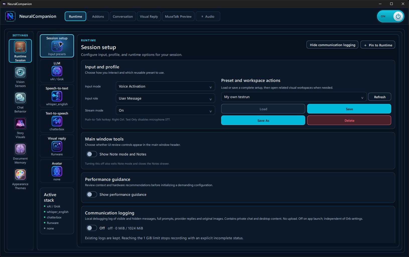 Session setup with input modes, presets, and active provider stack