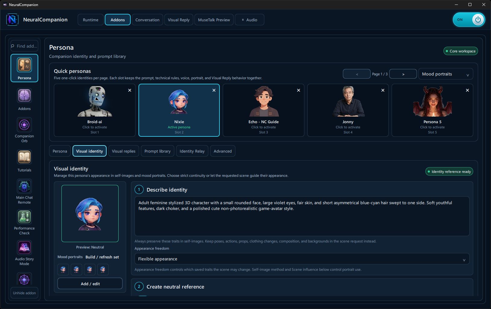 Nixie visual identity editor with reference portrait and mood portraits