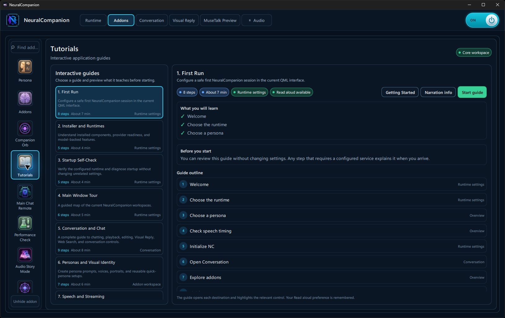Interactive tutorial browser with the First Run guide and its steps