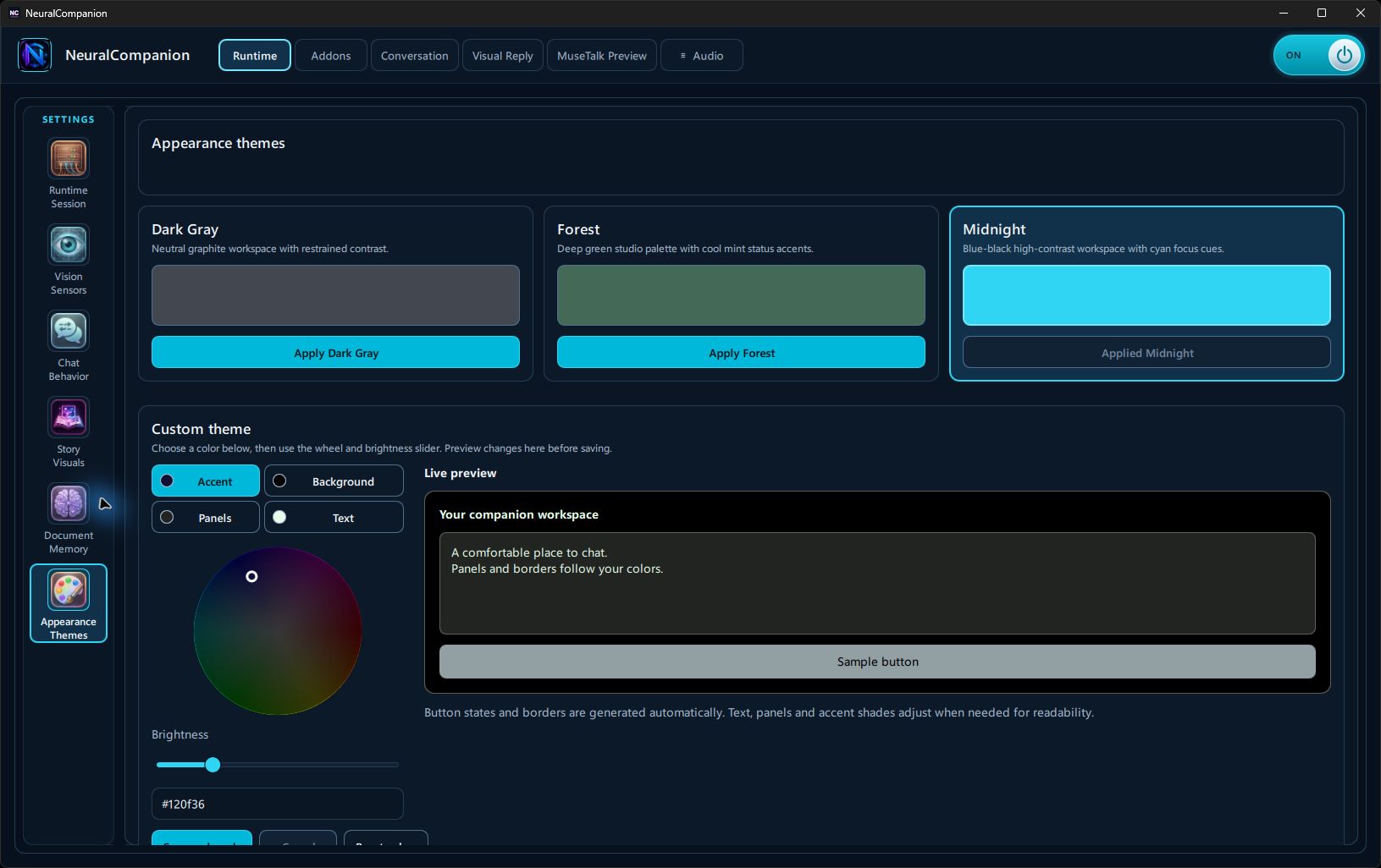Appearance settings with theme presets and a live custom color preview