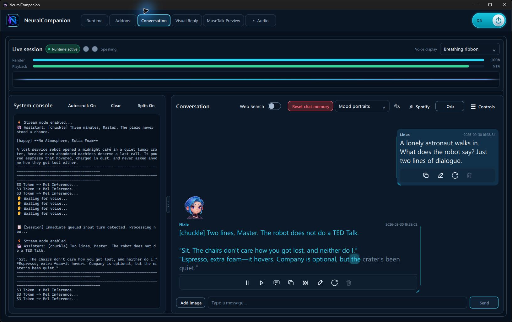 Live Nixie conversation with speech playback and the system console visible beside chat