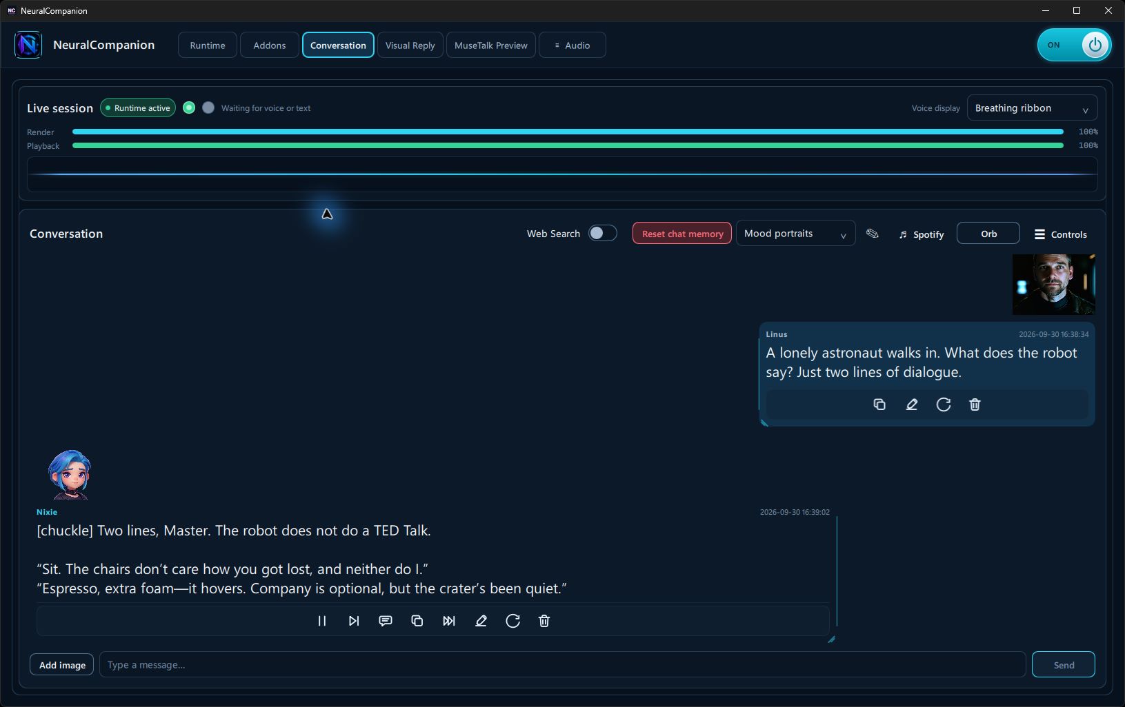 The same Nixie story conversation in the full-width chat layout with the console hidden
