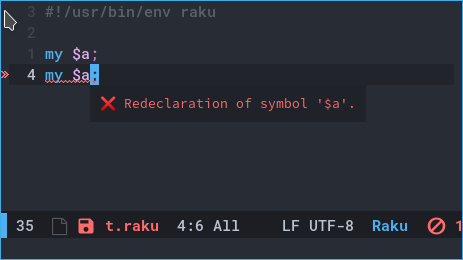 Emacs screenshot with flycheck-raku