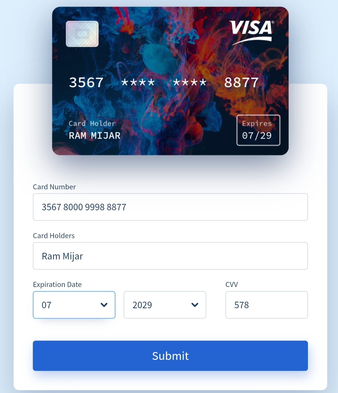 Screenshot of the animated credit card form
