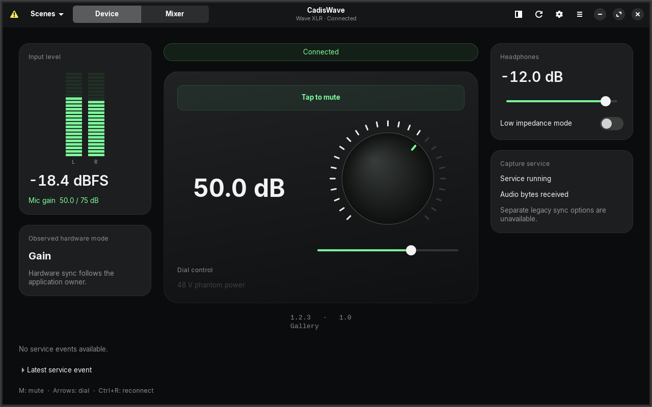 CadisWave device page with gain dial, input meter, and headphone level