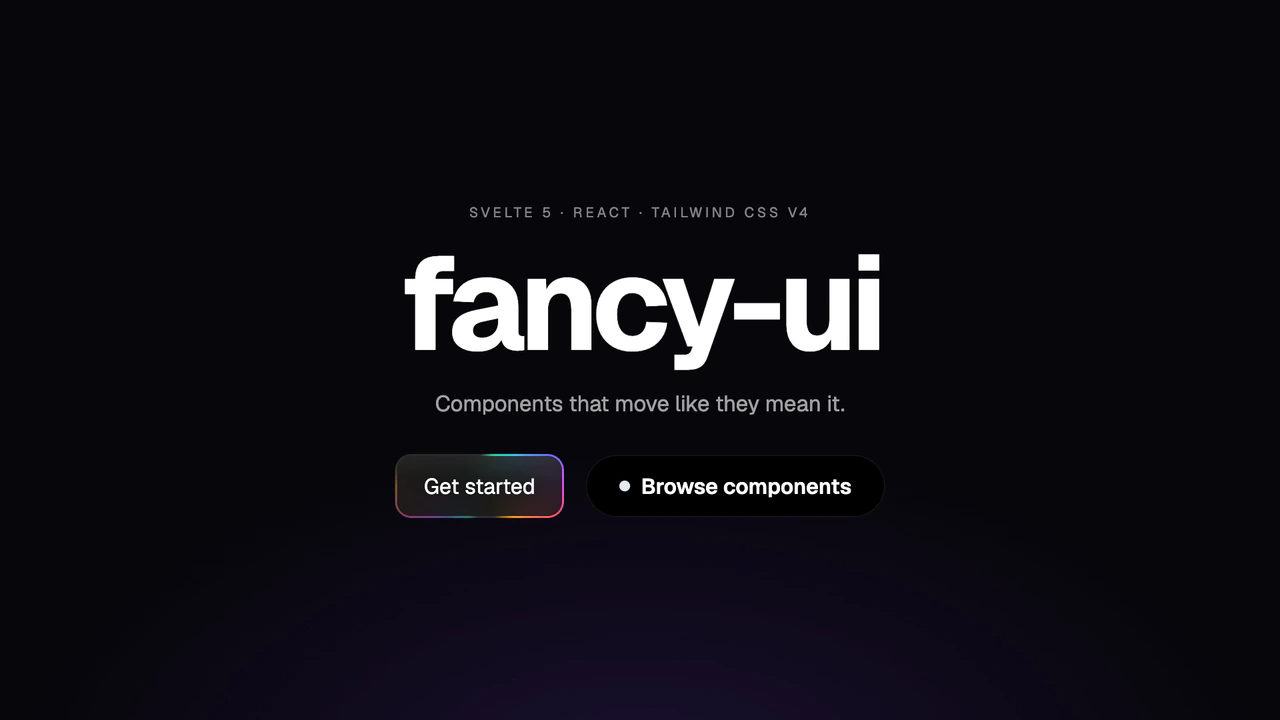 fancy-ui in motion: an HDR fluid cursor painting over the title, fireworks launched from a gradient button, a datamosh page transition, a before/after slider split by a blade of light and a rainbow-beam button