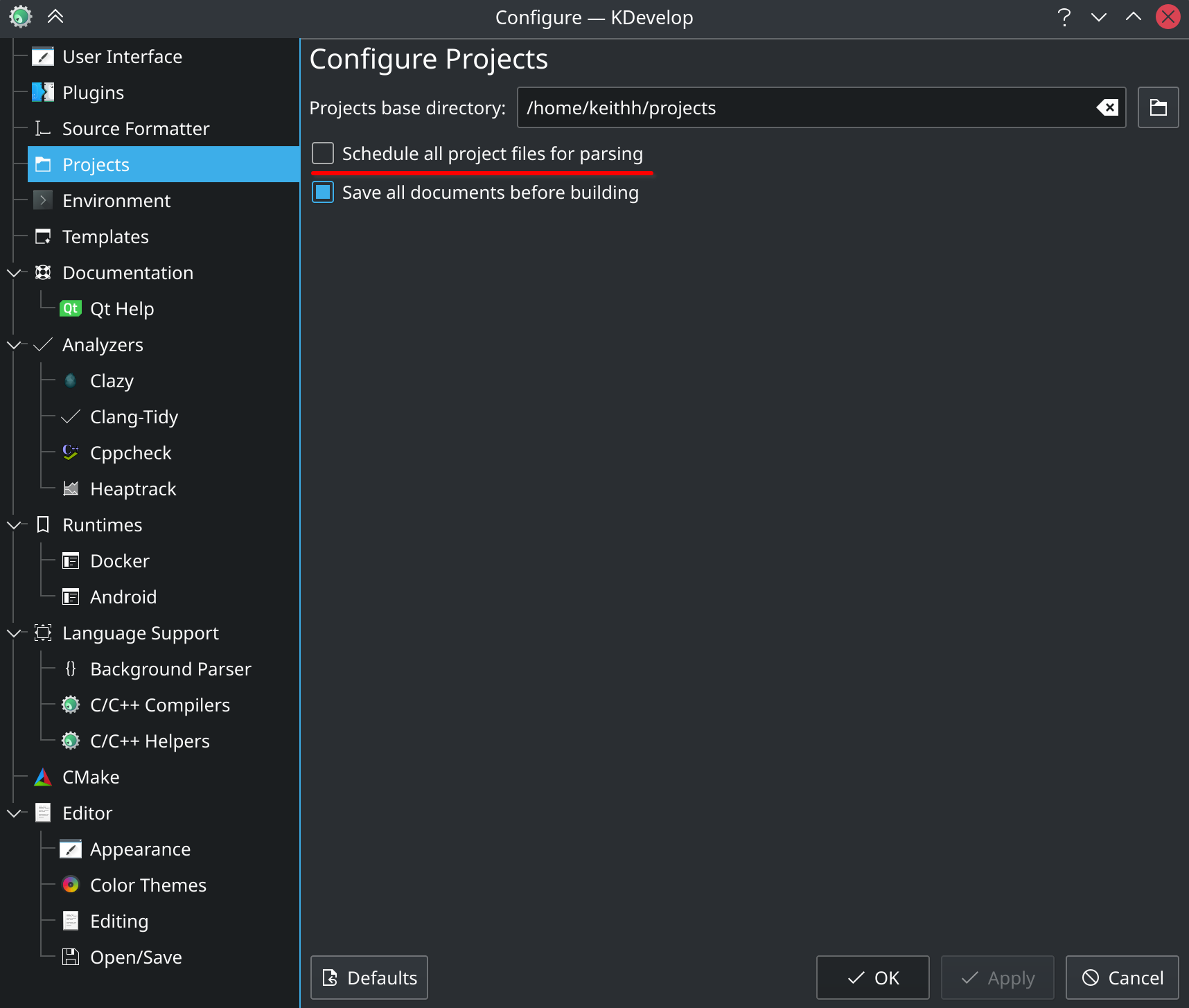 KDevelop project settings