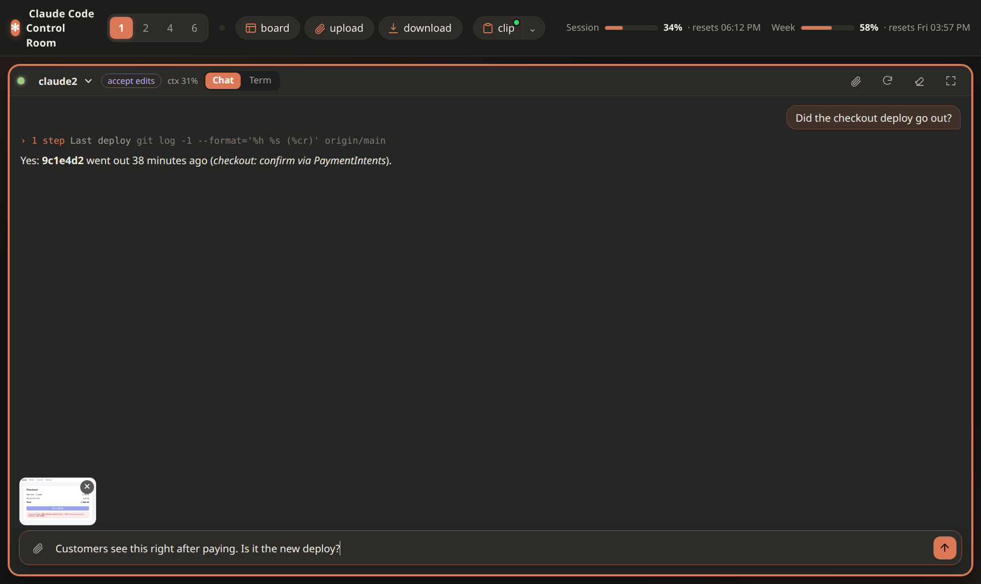 On desktop: a screenshot dropped into the message box shows as a preview with a remove button; once sent it's a thumbnail in the message, Claude finds the request id from it in the logs, and the thumbnail opens large in the in-page viewer
