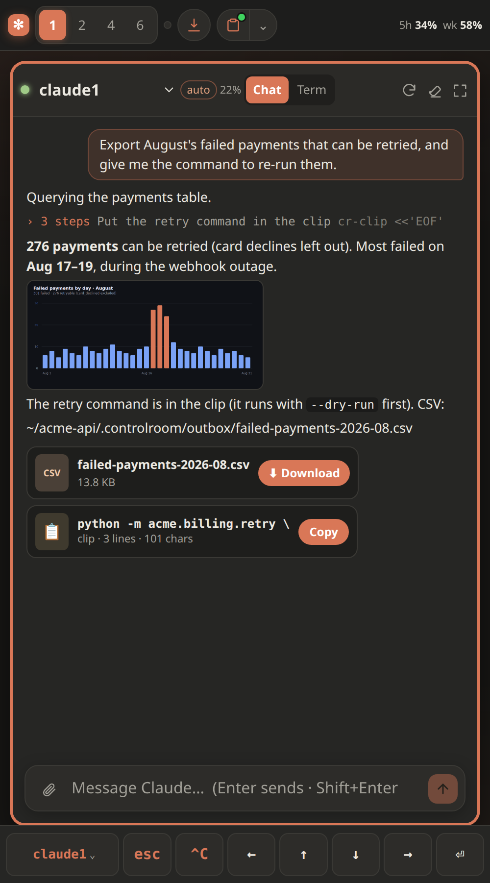 On a phone: Claude's reply shows a chart inline, a Download card for the CSV it exported and a Copy card for the command it put in the clip; one tap copies it, another opens the chart large