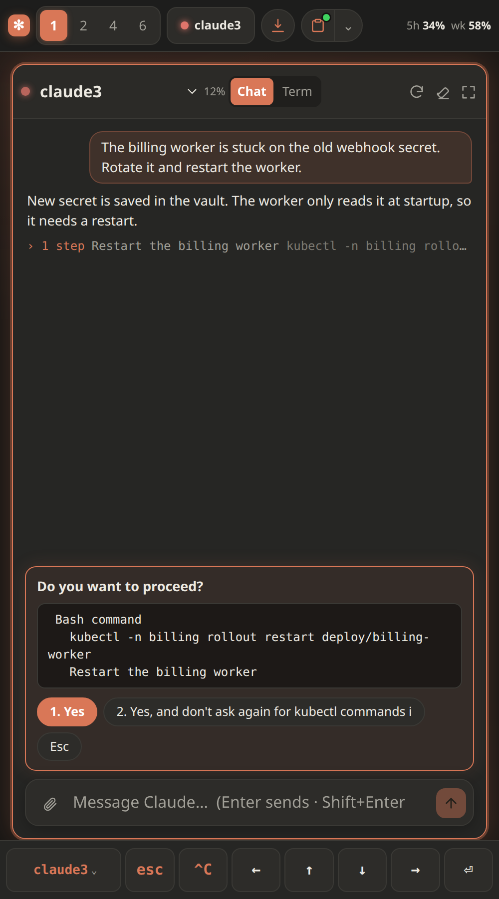 On a phone: a permission card shows the exact kubectl command Claude wants to run, with Yes / Yes, don't ask again / Esc buttons; after Yes, the command runs and Claude reports back