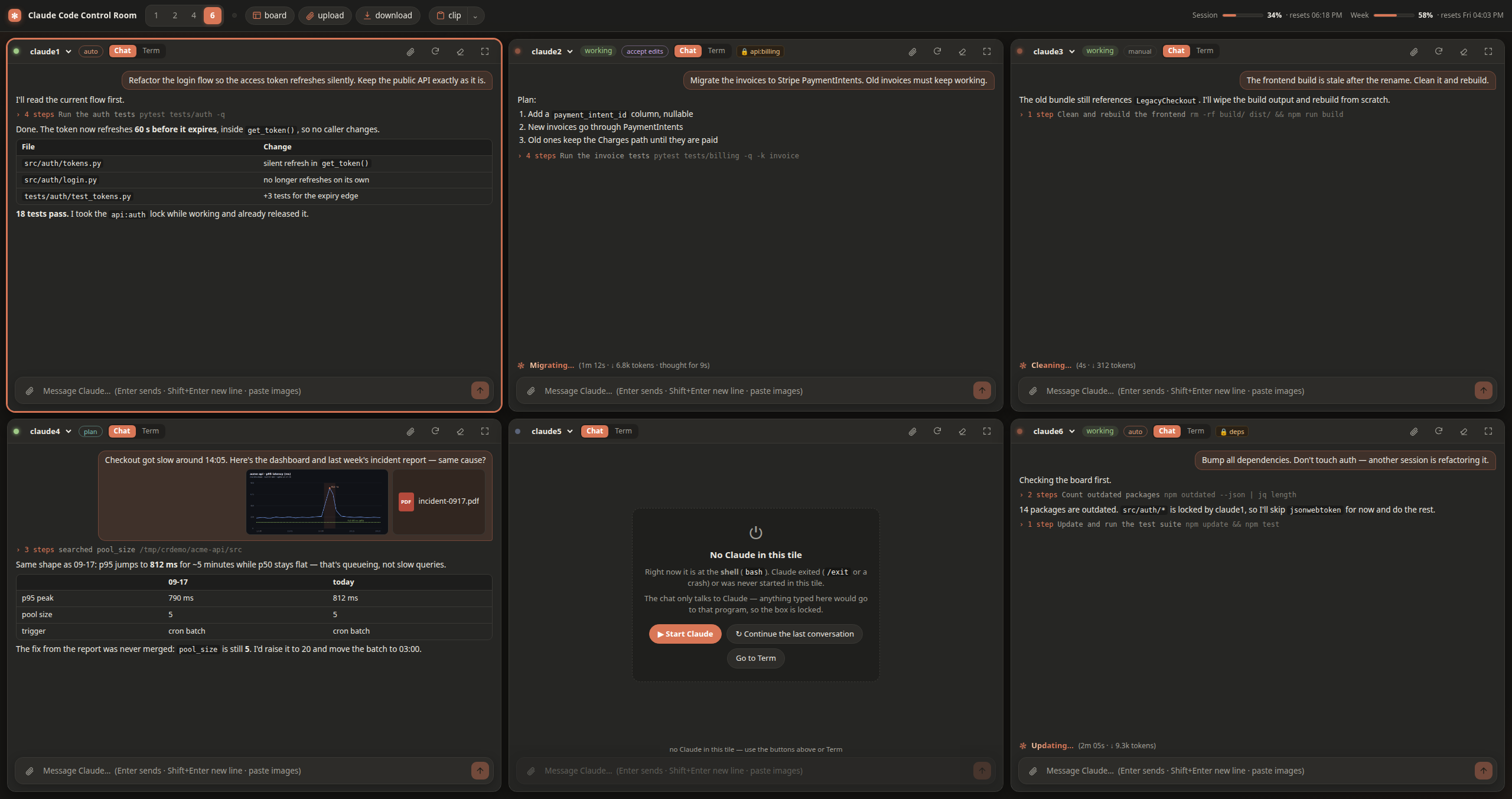 Six sessions in Chat view: one waits for permission and shows the exact command it wants to run, one got a screenshot and a PDF, one is at the shell; the board shows who holds which lock, and any tile flips back to its live terminal