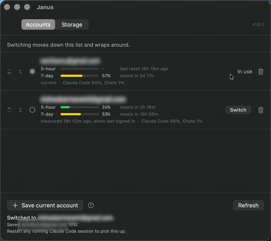The Janus window, with both accounts and how much of each limit they have spent