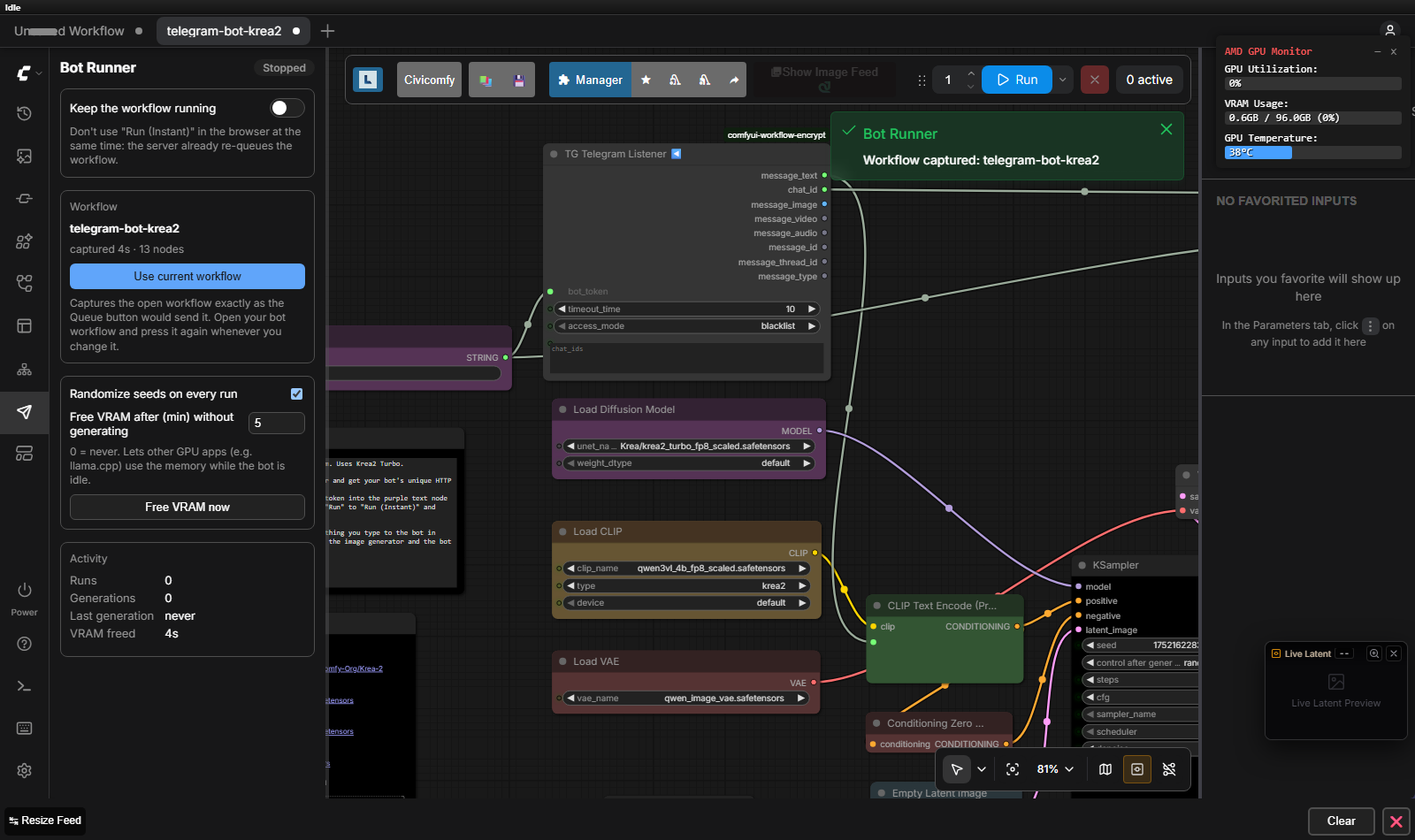 Bot Runner panel next to a Telegram bot workflow