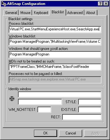 Blacklist tab of AltDrag