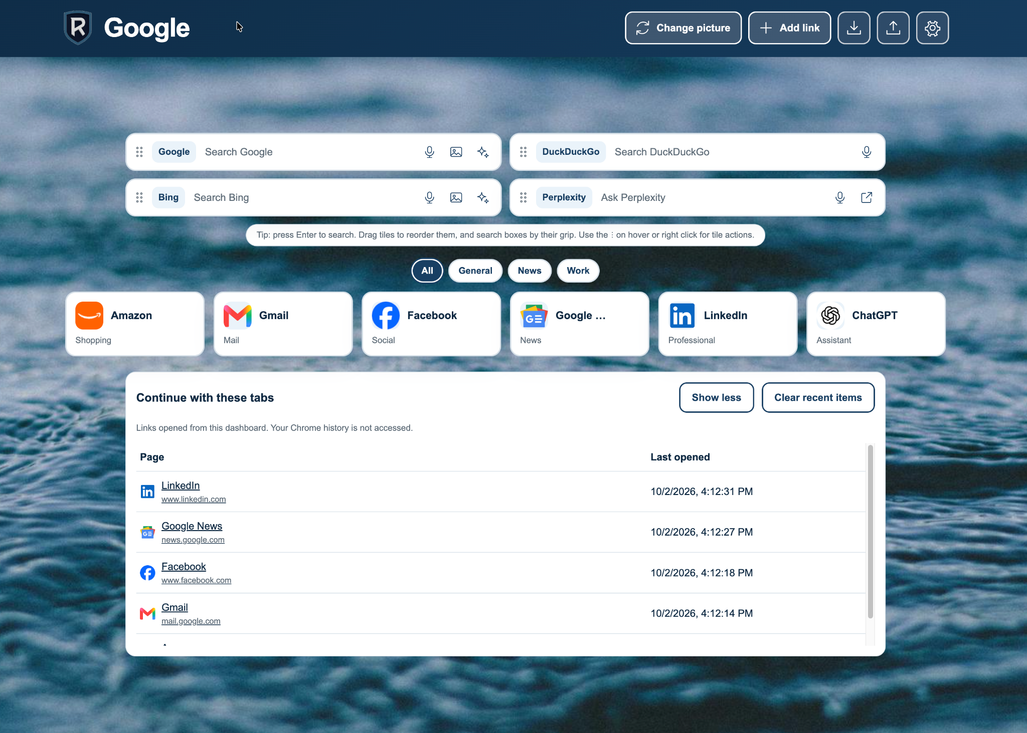WebDashboard v1.5.2 with four search providers, shortcut tiles and the expanded Continue with these tabs card