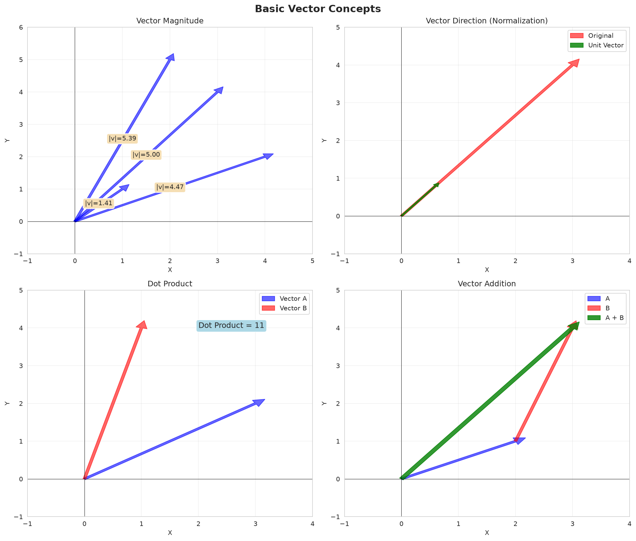 Basic vector concepts — magnitude, direction, dot product