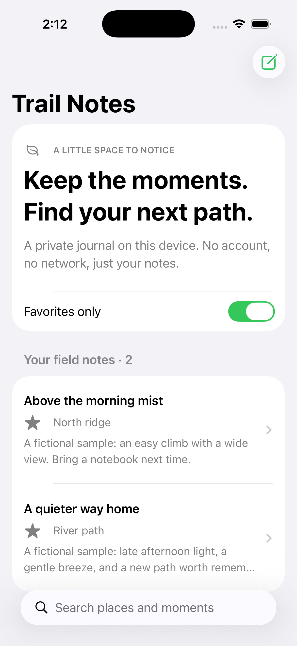 Trail Notes native iOS demo showing fictional saved field notes and the favorites filter