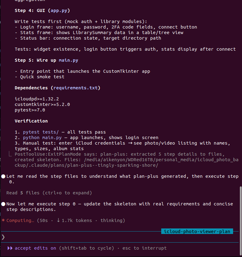 Plan-plus executing steps — writing tests, wiring components, verifying