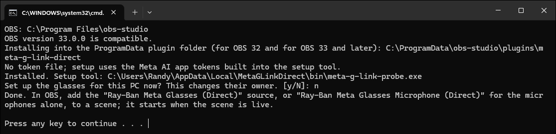 The installer window: it found OBS 33, installed the plugin into the ProgramData plugin folder and the setup tool, then asks whether to set up the glasses now