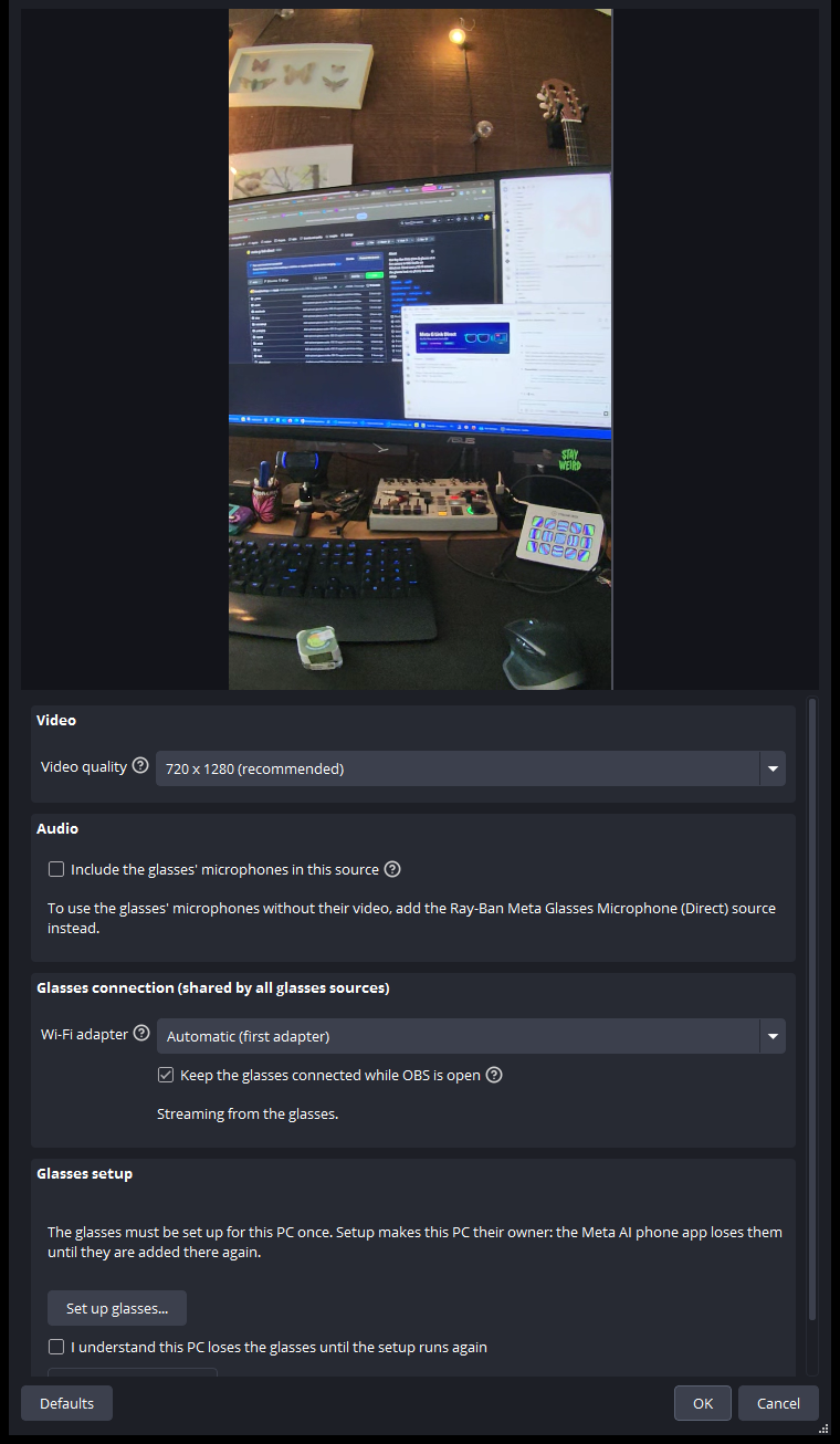 The glasses source's properties in OBS: a live preview, then the Video, Audio, Glasses connection and Glasses setup groups