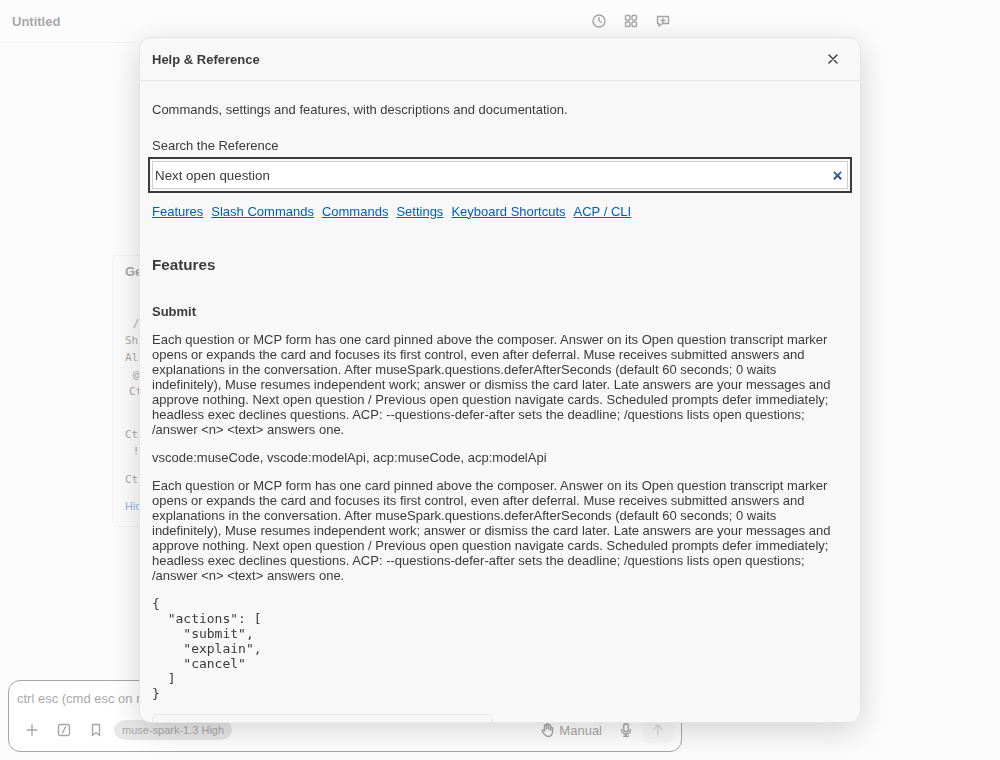 Help and Reference searched for Next open question, showing question-handling details, the deferral setting, and links to Next and Previous open question