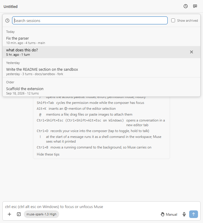 The History dialog: sessions grouped by day, search, Show archived