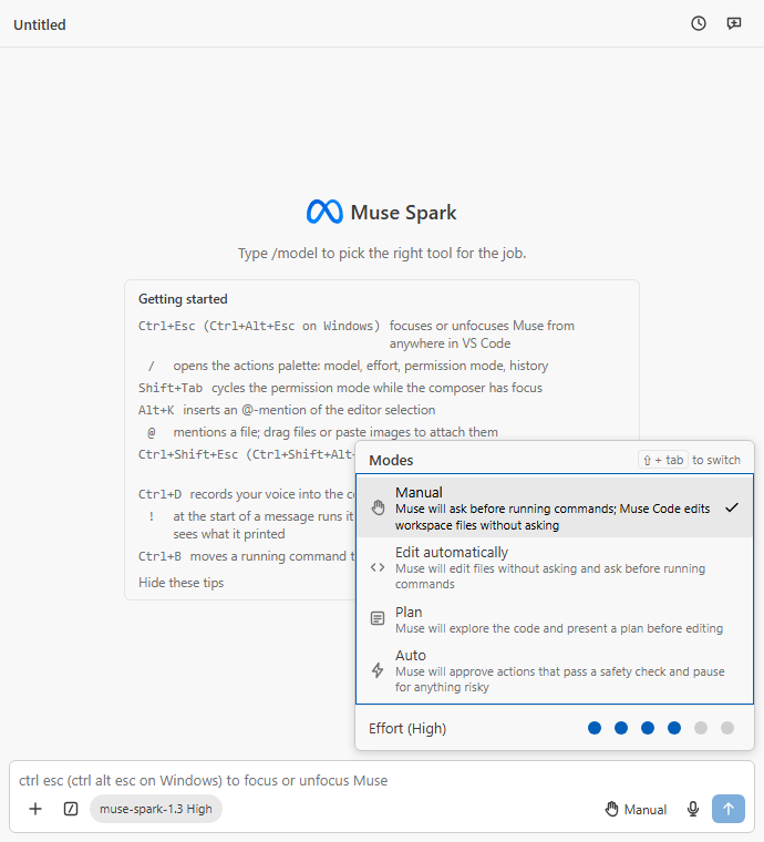 The Modes menu: Manual, Edit automatically, Plan, Auto, each with its one-line description, and the effort row