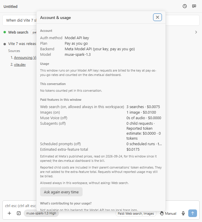 Account and usage, Paid features in this window: Web search (on, allowed always in this workspace) 3 searches, Images (on) 1 image, the estimated total, and the note Allowed always in this workspace, without asking: Web search, with an Ask again every time button