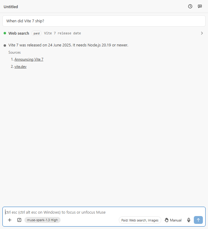 A paid Web search row with its query, the reply with its Sources list, and the composer's badge: Paid: Web search, Images