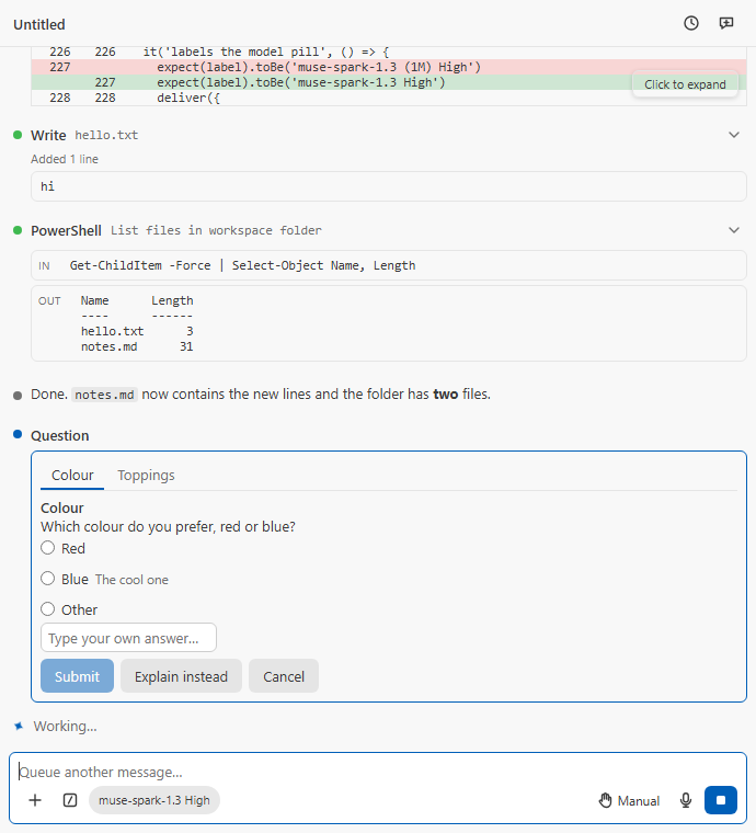 A question card with Colour and Toppings tabs, radio buttons, an Other answer, Submit greyed out, Explain instead and Cancel