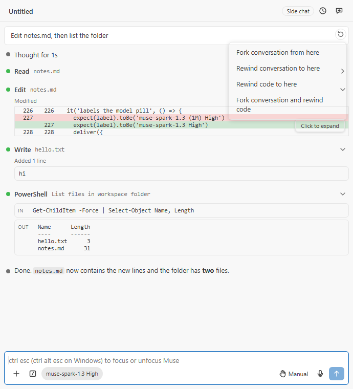 A sent message's rewind menu: Fork conversation from here, Rewind conversation to here, Rewind code to here, Fork conversation and rewind code, with the Side chat button in the header