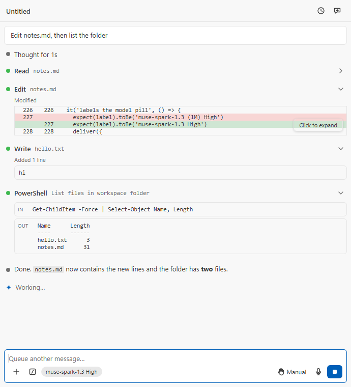 A turn: Thought for 1s, Read, an Edit row with its diff and Click to expand, a Write row, a PowerShell row with its input and output, the reply, and Working…