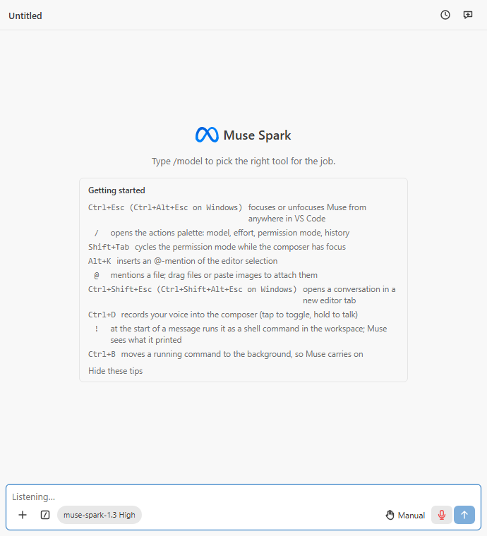 The composer listening: the red microphone and the Listening placeholder over a new conversation with its keyboard tips