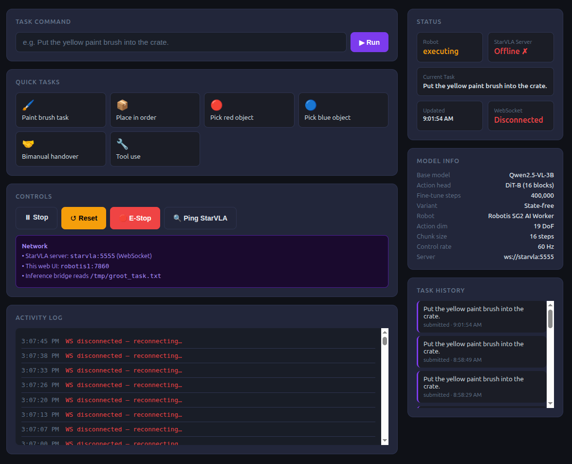 StarVLA web GUI showing task input, quick task buttons, reset and stop controls, and live status log