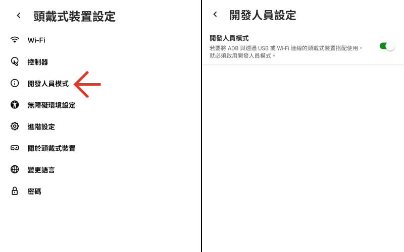 開發者模式開關畫面