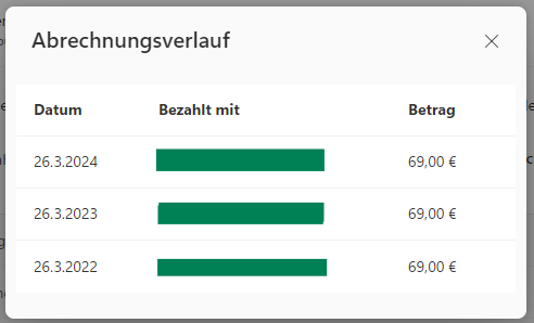 a table showing payments of the last three years. Last payment of 69€ on 26th March 2024